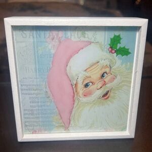 Vintage Pink Retro Santa Christmas Holiday Wood Framed Mini Art Print Home Decor